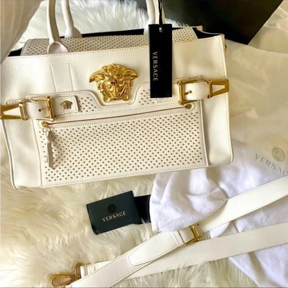 New Medusa ⚜️Versace  Palazzo Large white Studded Leather Shoulder Bag Handbag - Picture 3 of 8
